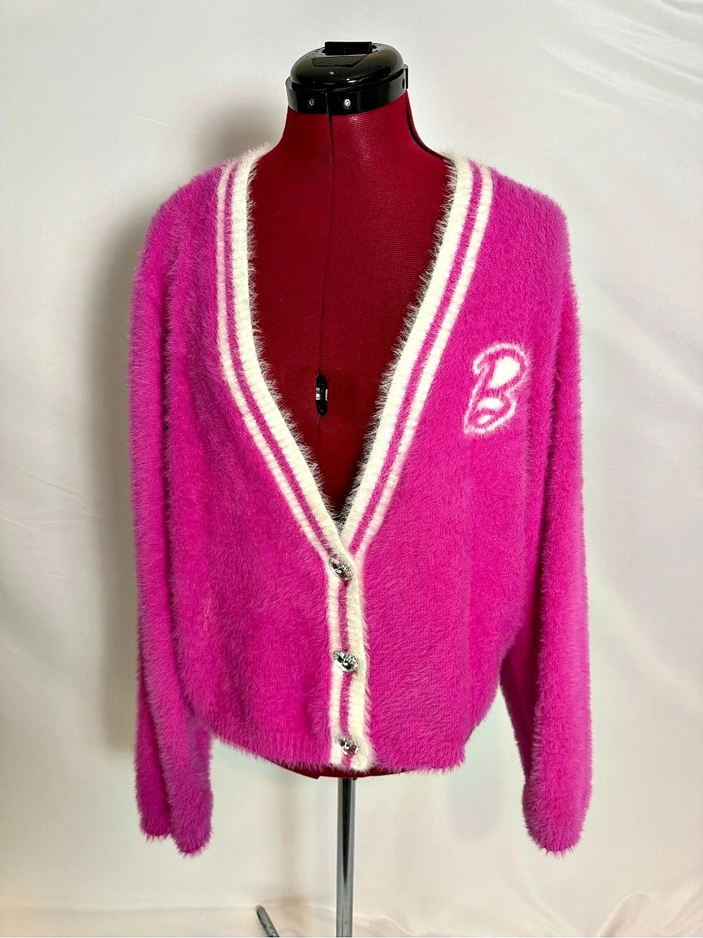 Barbie Cardigan Women's Size XL Pink & White Fuzzy 3-Button Long Sleeves - Picture 8 of 12